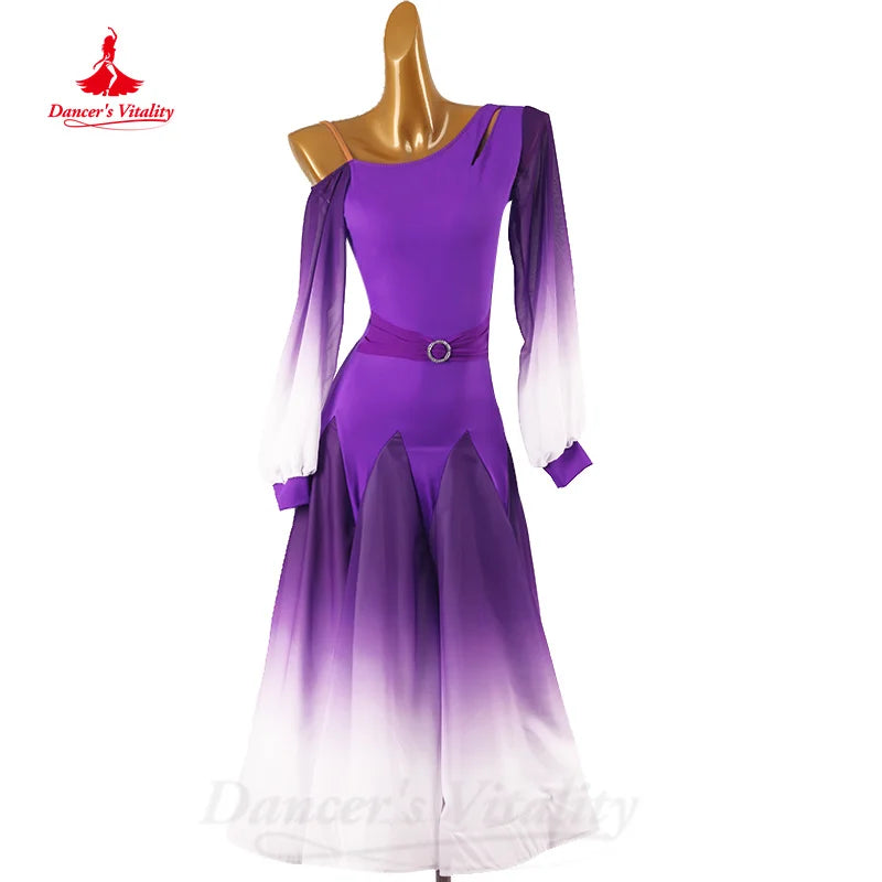 Ballroom Dance Competition Dresses Customized Elegant Long Sleeved Gradient Dress Tango Waltz Modern Dancing Performance Costume