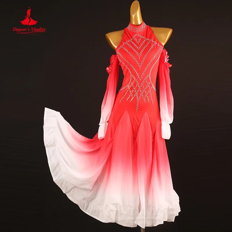 Modern Dancing Performance Costumes Customization Elegant Long Sleeved Gradient Dress Waltz Ballroom Dance Competition Dresses