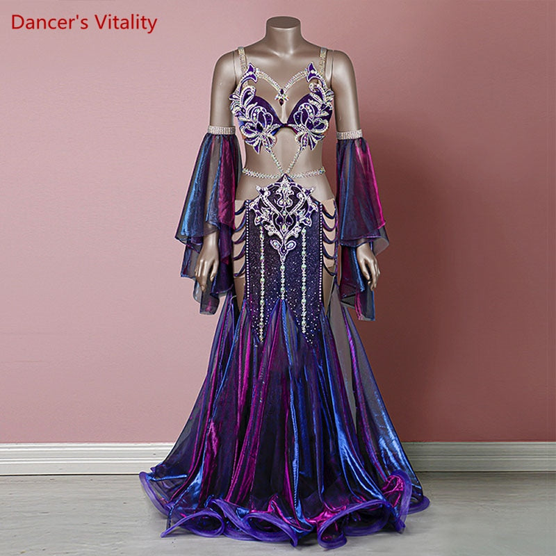 Belly Dance Performance Clothes Bra+fishtail Long Skirt+2 Sleeves Set for Women Oriental Dance Clothing  Customization Female