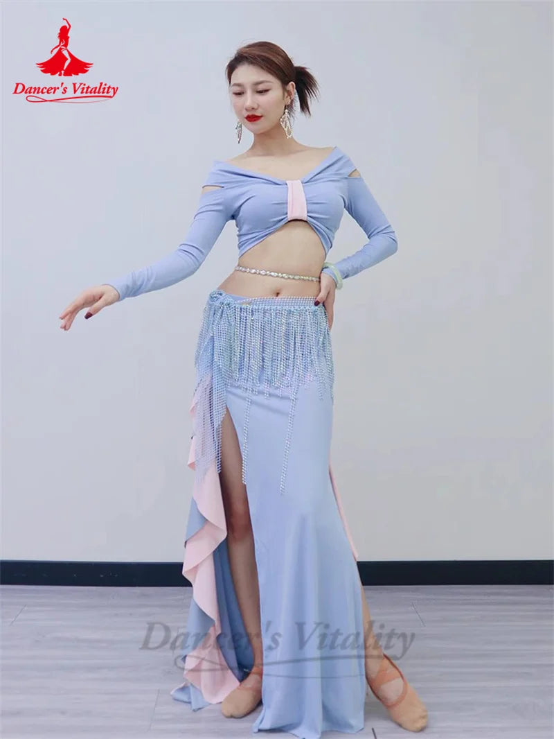 Belly Dance Training Suit Costumes for Women Winter Long Sleeves Top and Lotus Leaf Long Skirt Adult Belly Dancing Outfit