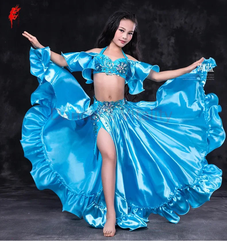 Girls belly dance clothes kids luxury belly dance suit girls top+short skirt+undewear+long skirt 4pcs kids belly dance set S,ML