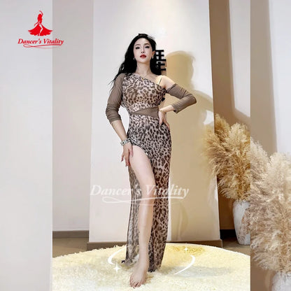 Belly Dancer Costume Women's Sexy Leopard Print Slant Shoulder Dress Adult Oriental Dancing Practice Dresses Dancer's Vitality