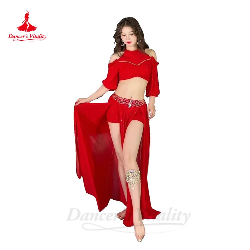 Belly Dance Costume Set for Women Gauze Half Sleeves Top+senior AB Stones Split Skirt 2pcs Adult Oriental Bellydance Outfit