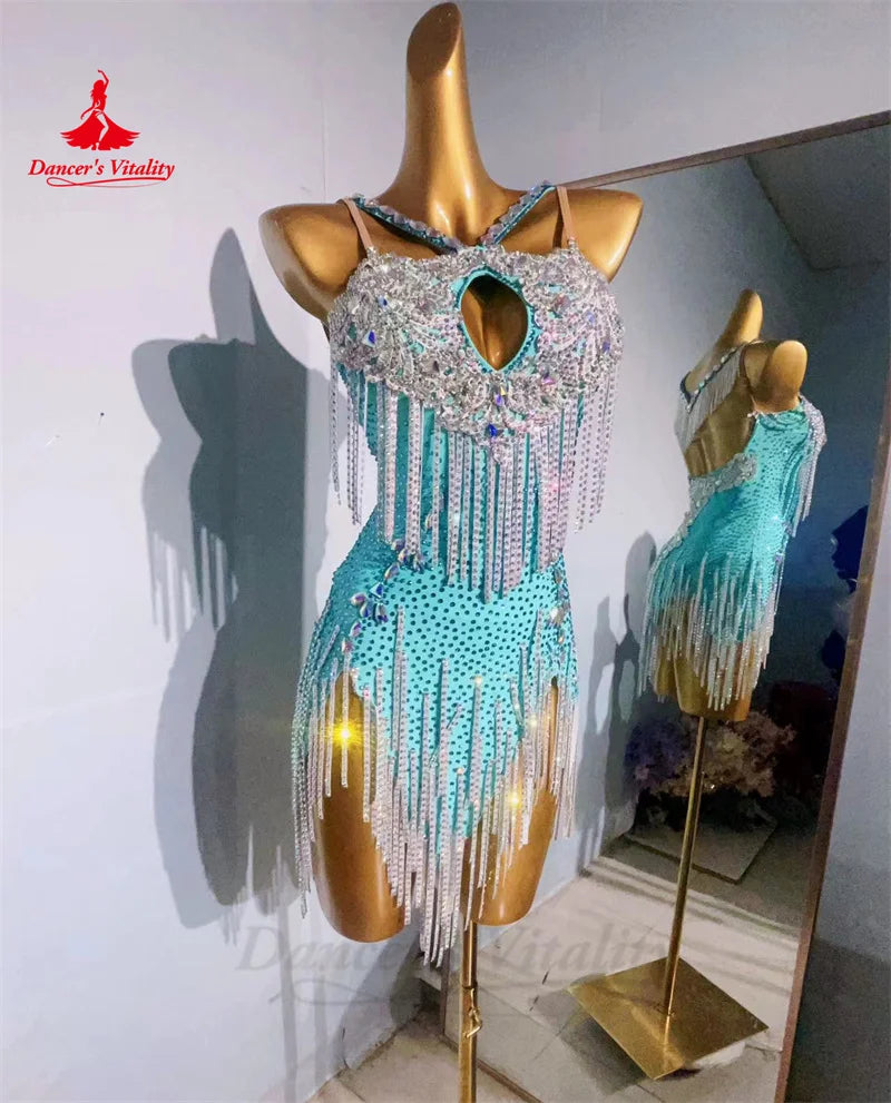 Latin Dance Dress for Women Custom Full AB Stones Rumba Chacha Tango Performance Costume Skirt Adult Child Latin Tassel Dress