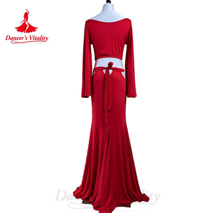 BellyDance Comfort Pure Cotton Set Customized Trumpet Sleeve Top+sexy Hip Wrap Skirt 2pcs Oriental Dance Performance Costumes