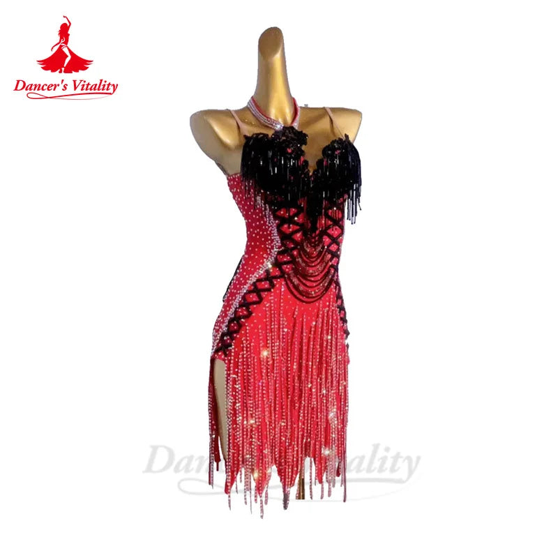 Latin Dance Performance Dress for Women Full Stones Rumba Chacha Tango Competiton Costume Skirt Custom Latin Tassel Dresses