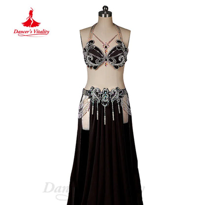 BellyDance Performance Costume Women Customization Luxury Diamond Bra+Sexy Split Chiffon Long Skirt 2pcs Oriental Dance Outfit