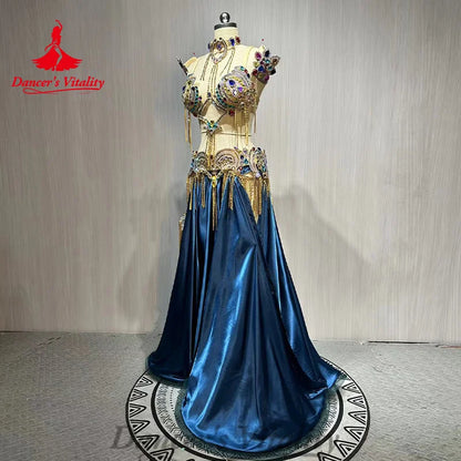 BellyDance Costume Suit Senior Rhinestone Bra+luxury Satin Long Skirt 2pcs Customized Women Oriental Dance Performance Costumes