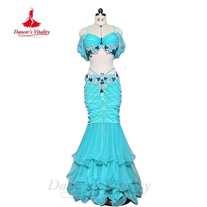 BellyDance Set Women's Customized Luxury Rhinestone Bra+Exquisite Pearl Fishtail Skirt 2pcs Oriental Dance Performance Clothing