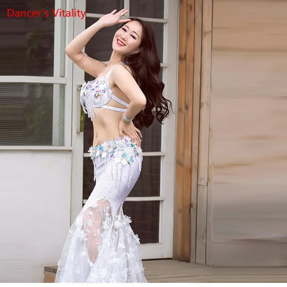 Luxury Diamond Oriental Dance Outfit Women Piece 2 Performance Belly Dance Performance Bra+long Skirt Sexy Red White