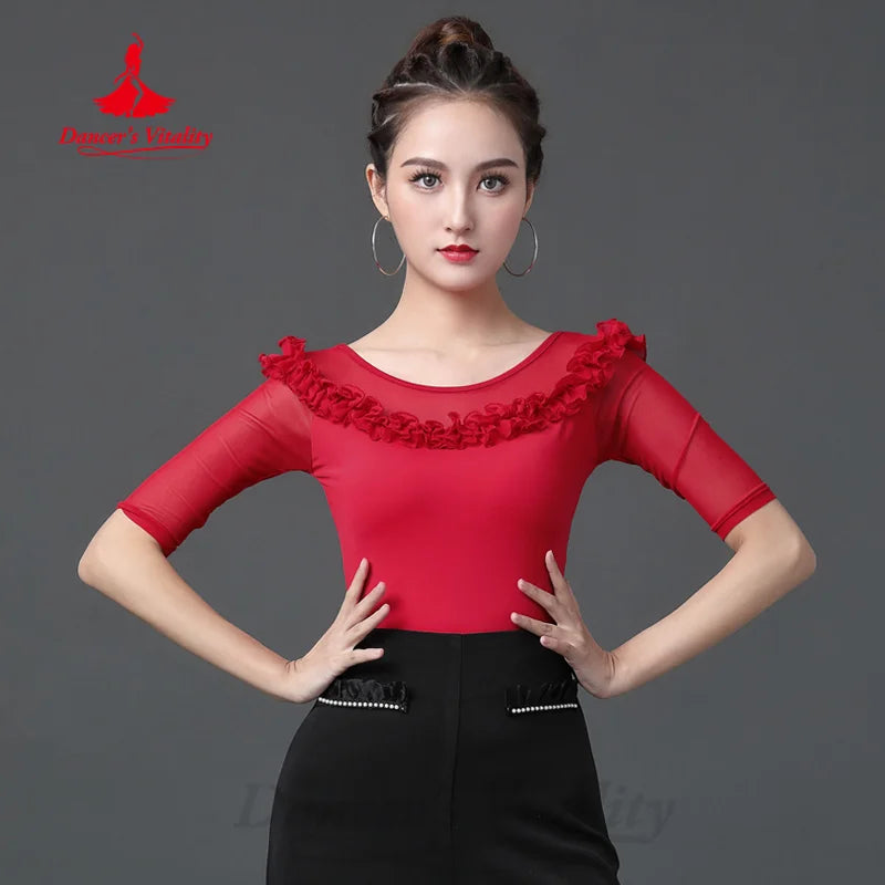 Modern Dancing Practice Clothes Customized Comfortable and Breathable Half Sleeved Top Women Latin Dance Tango Chacha Clothing