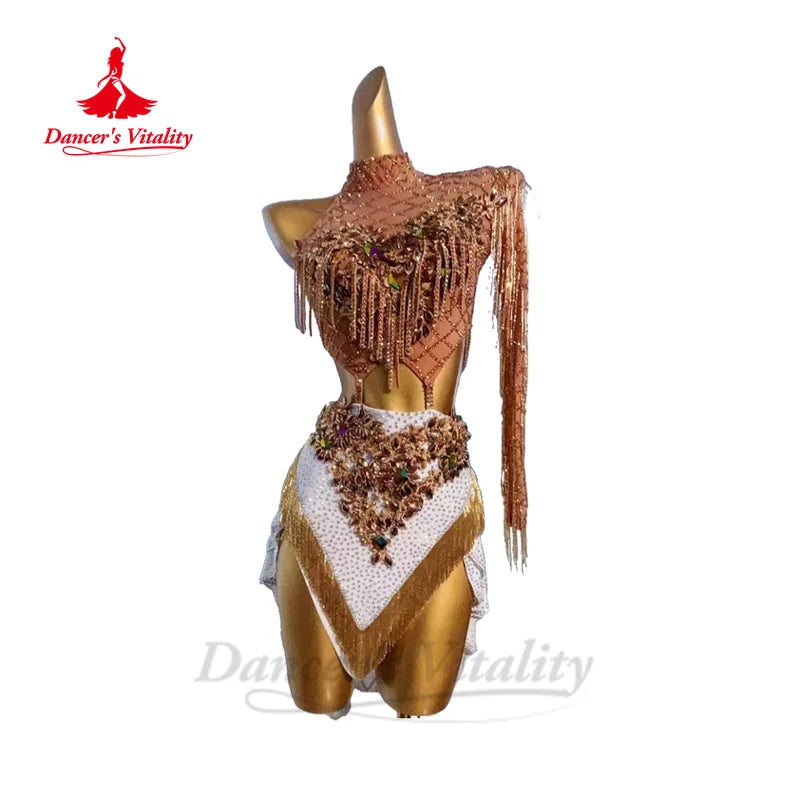 Latin Dance Dresses for Women Full Stones Rumba Chacha Tango Performance Fringe Skirt Custom Adult Child Latin Dancing Dresses