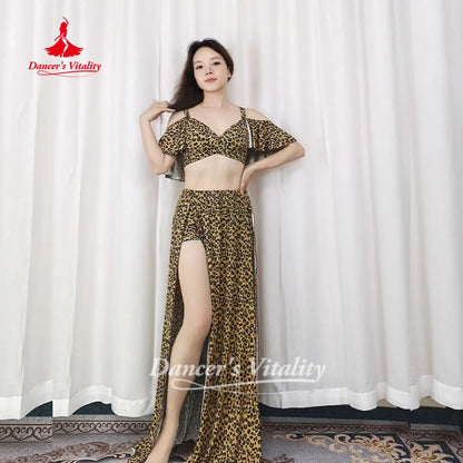 Belly Dance Practice Clothes Sexy Leopard Print V-neck Top+long Skirt 2pcs Adult Oriental Dance Clothing Dancer's Vitality