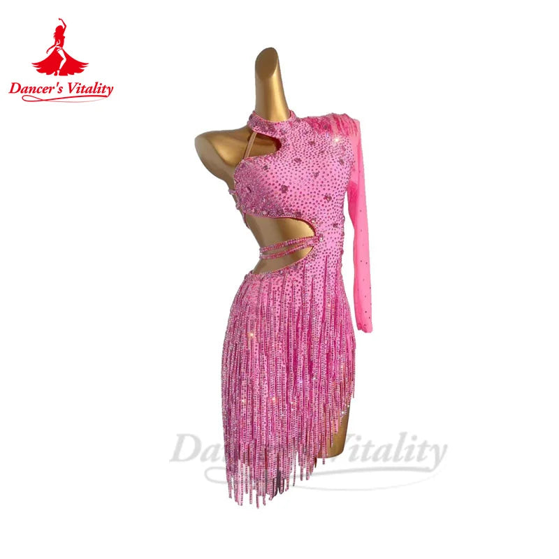 Latin Dance Performance Dress for Women Long Sleeves Full Stones Chacha Tango Competiton Skirt Custom Adult Child Latin Dresses