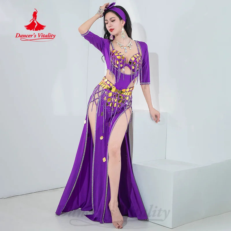 Belly Dancing Performance Set Women's Customized Senior AB Stones Bra+Sexy Split Fringe Long Skirt 2pcs Oriental Dance Costumes