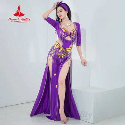 Belly Dancing Performance Set Women's Customized Senior AB Stones Bra+Sexy Split Fringe Long Skirt 2pcs Oriental Dance Costumes