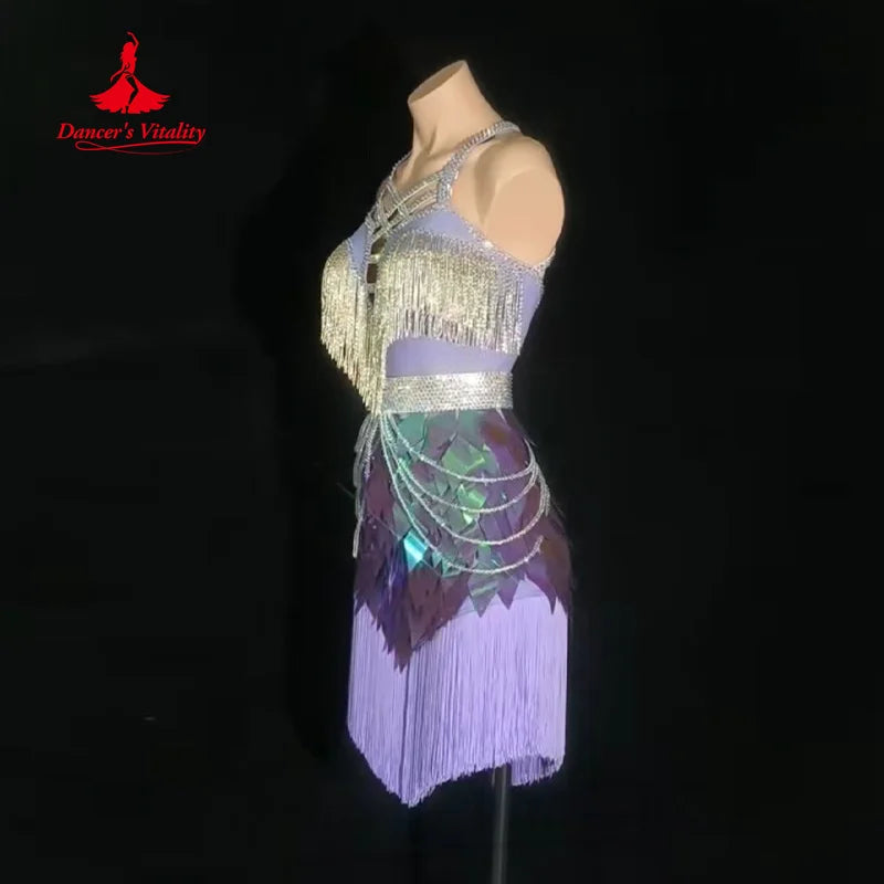 Latin Dance Performance Clothing Customized Senior AB Stones Large Sequin Tassel Dress Adult Children Chacha Competition Dresses