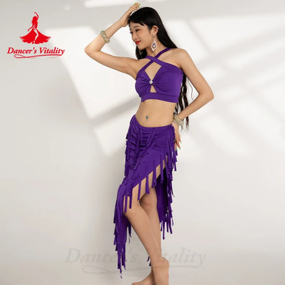 Belly Dance Costume Suit for Women Cotton Top+tassel Skirt 2pcs Oriental Belly Dancing Performance Professional Costumes Set