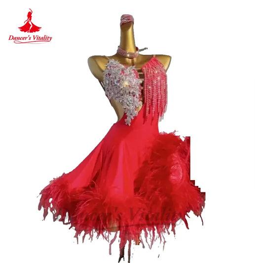 Latin Dance Performance Dress for Women AB Stones Feather Rumba Chacha Tango Competiton Skirt Adult Child Latin Dancing Skirts