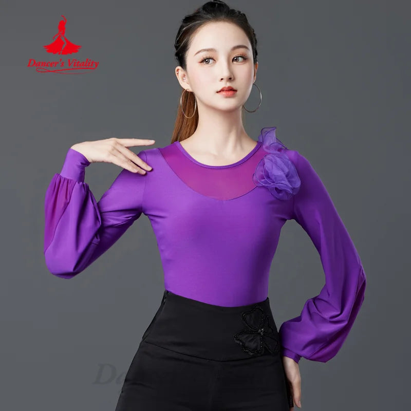 Modern Dancing Latin Dance Tops Women's Customized Exquisite Flower Long Sleeved Top Adult Tango Chacha Samba Training Clothes