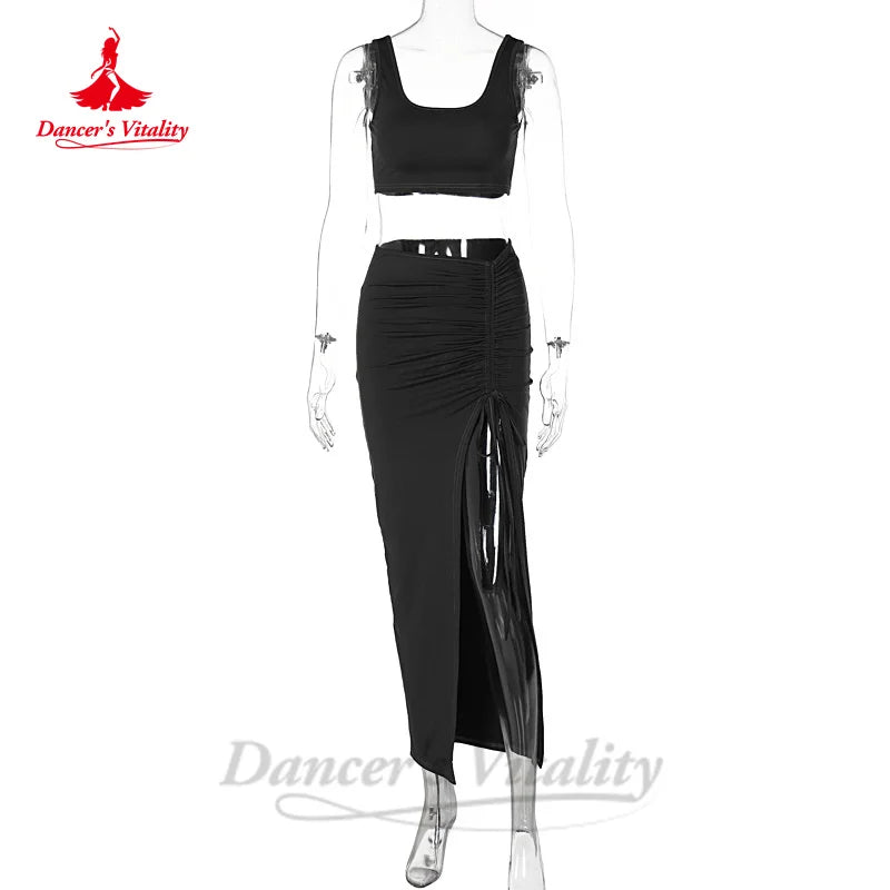 Belly Dance Costume Set for Women Cotton Sleeveless Top+split Long Skirt 2pcs Sexy Oriental Belly Dancing Practice Clothes Suit