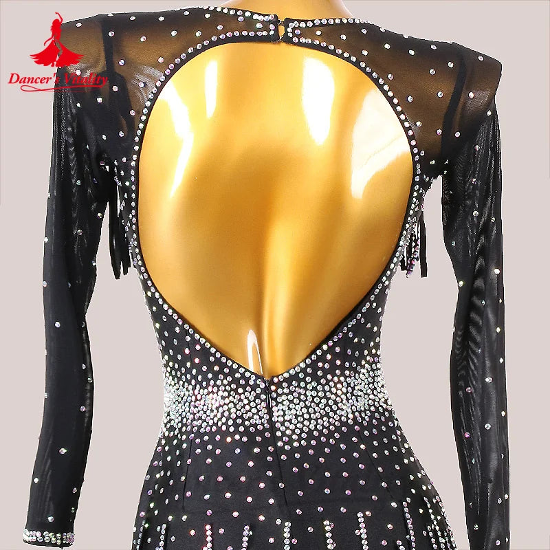 Latin Dance Competiton Dress for Women Gauze Long Sleeves AB Stones Chacha Performance Costume Cusom Adult Child Latin Dresses