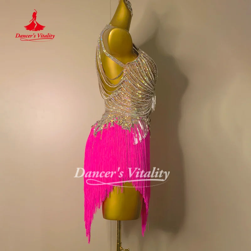Latin Dance Competition Costumes for Adults and Children Customized High-end Luxury AB Stones Fringe Dresses Dancer's Vitality