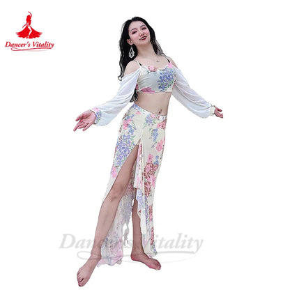 Belly Dance Practice Clothes for Women Chiffon Long Sleeves Top+printing Long Skirt 2pcs Adult Oriental Belly Dancing Outfit