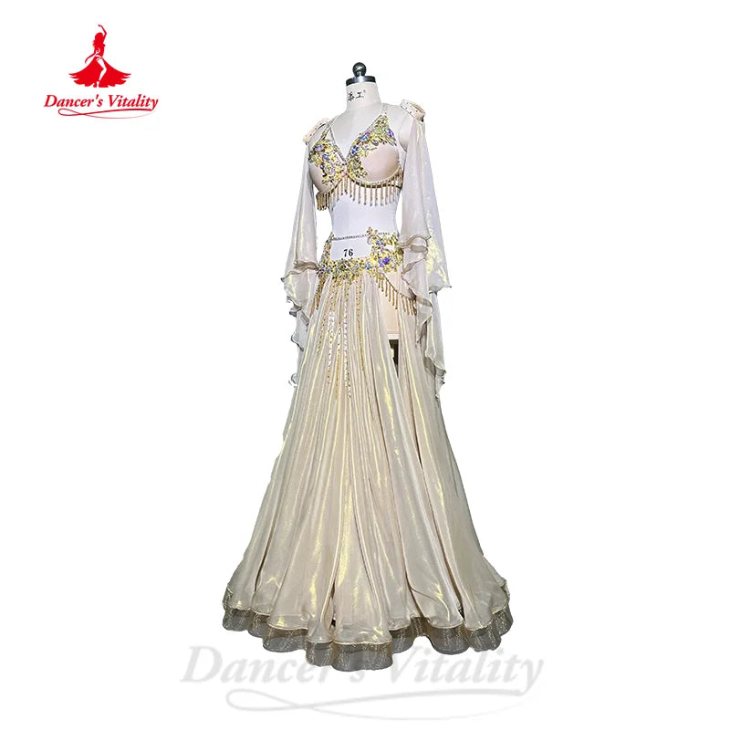 Belly Dance Performance Set for Women Customized Senior AB Stones Bra+sexy Split Long Skirt+sleeves 3pcs Oriental Dancing Outfit