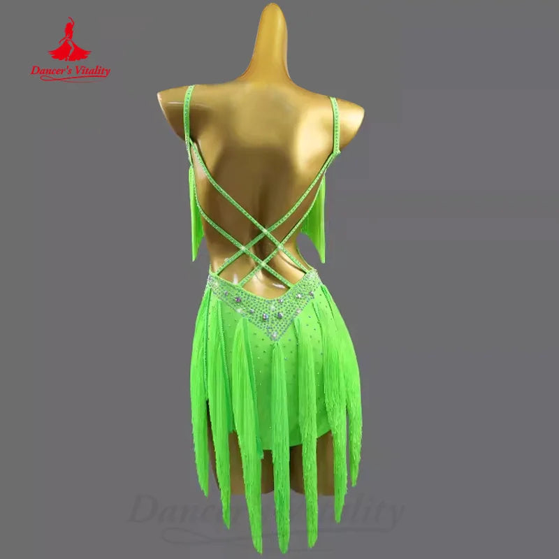 Latin Dance Competition Dresses Customized Luxurious Rhinestone Sexy Backless Tassel Dress Tango Chacha Samba Perform Clothing