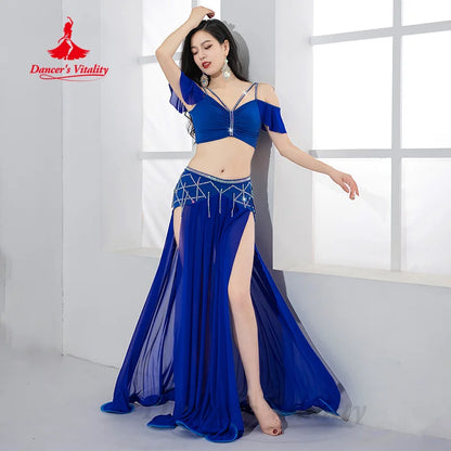 Belly Dancing Practice Set Women Customized Luxury AB Stones Top+Sexy Split Long Skirt 2pcs Oriental Dance Performance Clothing