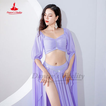 Belly Dance Costume Women Gauze Long Sleeves Top+sexy Split Long Skirt 2pcs Oriental Training Suit Girl's Belly Dancing Outfit