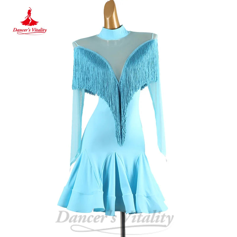 Latin Dancing Dresses Customized Long Sleeved Tassels Fishtail Skirt Women Tango Chacha Lombard Professional Performance Costume