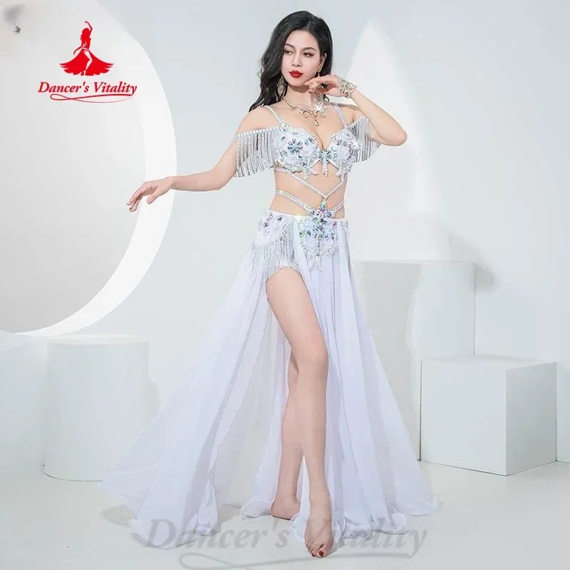 Belly Dance Performance Set Exquisite Pearl Bra+Tassel Chiffon Long Skirt 2pcs Adult Women's Oriental Dance Competition Costumes