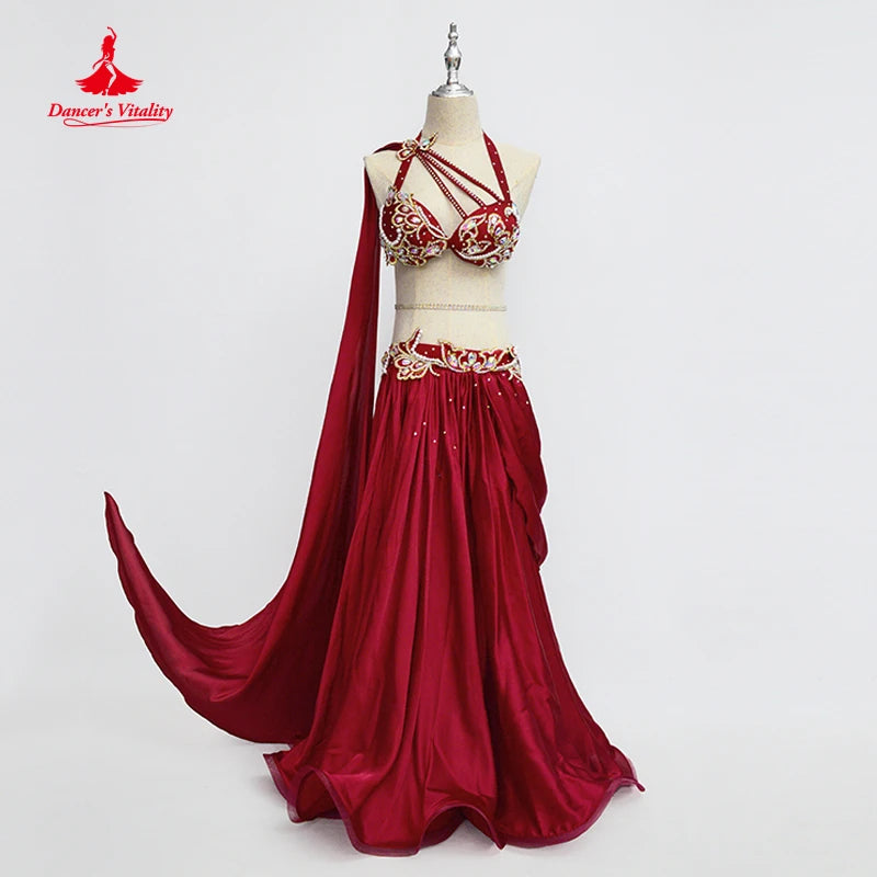 Pre Sale Luxury Women Oriental Dance Performance Costume Red Bellydance Show Wear Handmade With Long Wings Sleeve Red