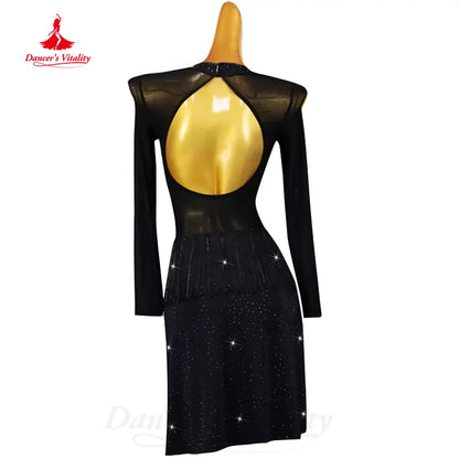 Latin Dance Costume Customized Long Sleeved Luxury Water Diamond Split Dress Tango Rumba Samba Professional Performance Clothing