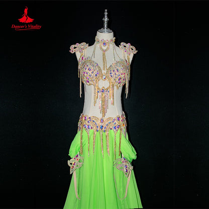 Belly Dance Costume Suit Women Customsized AB Stones Bra+belt+accessories+chiffon Long Skirt 4pcs Female Belly Dancing Outfit