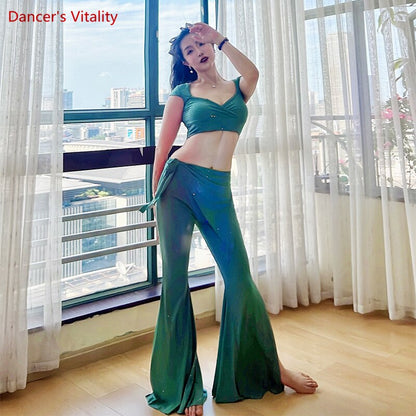 BellyBelly Dance Practice Clothes Set for Women Belly Dancing Short Sleeves Top+split Trousers 2pcs Female Oriental Dance Outfit