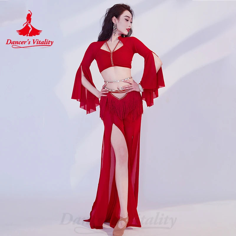 Belly Dance Costumes for Women Oriental Practice Clothes Mesh Sleeves Top+tassel Trasouers Eastern Dancing Performance Outfit