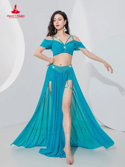 Belly Dance Professional Suit for Women Mesh Short Sleeves Top+sexy Split Long Skirt 2pcs Girl's Oriental Belly Dancing Suit