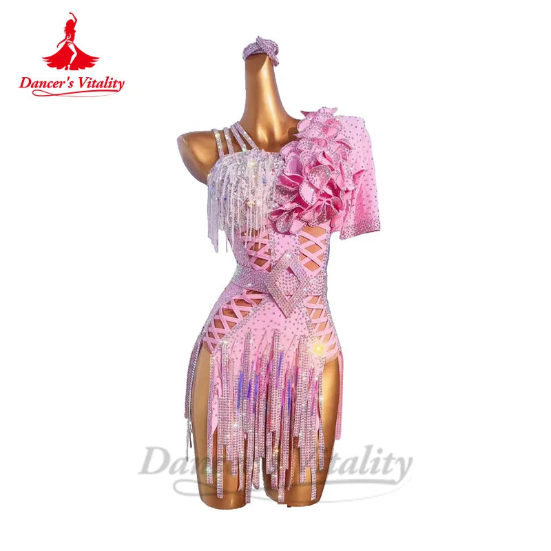 Latin Dance Performance Dress for Women Customsized Flowers Rumba Chacha Tango Competiton Tassel Skirt Adult Child Latin Dresses