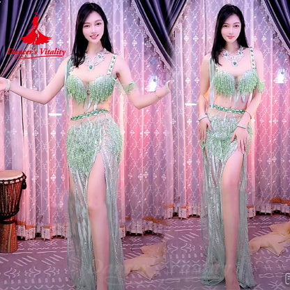 Bellydance Costumes Women's  Sets Diamonds Bra+sexy Pearl Tassels Long Skirt Oriental Dance Professional Performance Clothing