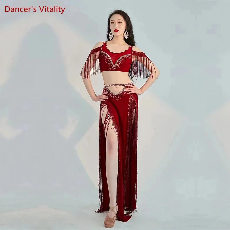 Belly Dance Professional Costumes Set Female Shining Performance Clothing Short Sleeves Top+long Skirt 2pcs Oriental Dance Wear