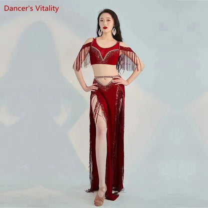 Belly Dance Professional Costumes Set Female Shining Performance Clothing Short Sleeves Top+long Skirt 2pcs Oriental Dance Wear