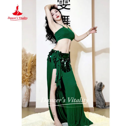 Belly Dance Practice Clothes Top+Skirt+Hip Scarf 3pcs Women's Soft and Comfortable Oriental Dance Clothing Dancer's Vitality