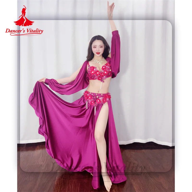 Belly Dance Performance Costume Set for Women Customsized Long Sleeves Bra+satin Long Skirt 2pcs Adult Children Bellydance Suit