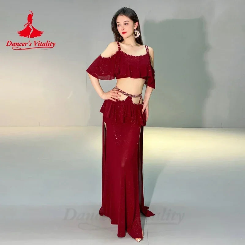 Belly Dance Clothing 2023 New Autumn Winter Mesh Short Sleeves Top+long Skirt 2pcs Oriental Training Suit Women Bellydance Set