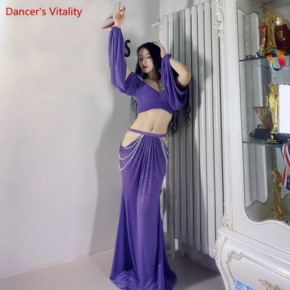 Belly Dance Clothing for Women Mesh Pearls Sleeves Top+long Skirt 2pcs Girl's Oriental Costumes Set Female Practice Wear Outfit