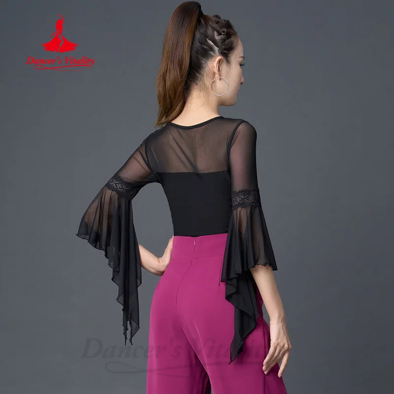 Latin Dancing Costumes Women's Customization Comfortable and Slimming Flared Sleeve Top Chacha Tango Rumba Practice Clothes