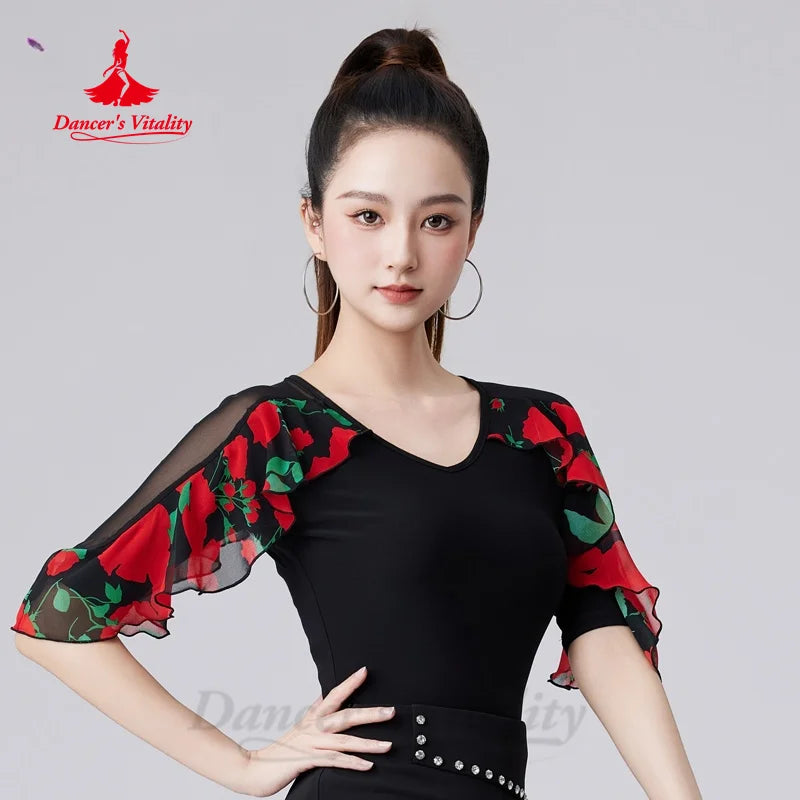 Latin Dance Top Women's Customized Printed Half Sleeve Tops Tango Rumba Samba Professional Practice Clothing Modern Dance Outfit